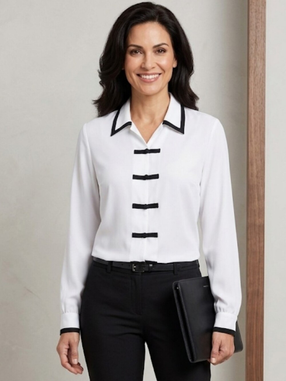 Vintage Impressions Contrast Frog Clasp Collared Blouse